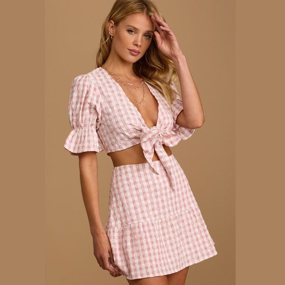 Lulus Patio Cutie Embroidered Pink Gingham Tie Front Top & Mini Skirt Set XS - Picture 4 of 16
